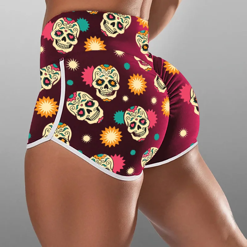 

Women Plus Size Workout Sport Shorts High Waist Ruched Scrunch Booty Skinny shorts Skull Fireworks Print Butt Push Up Leggings