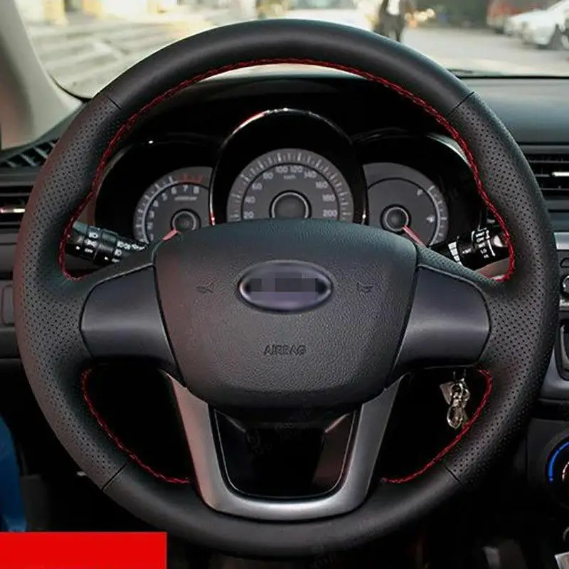 

Чехол ручного шитья для Kia K2 2012, черный кожаный чехол для рулевого колеса
