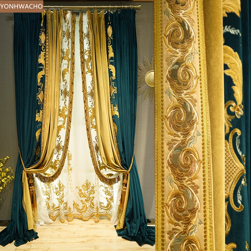 

Custom curtain high-grade luxury flannel living room embroidery blue yellow thick velvet cloth blackout curtain tulle C405