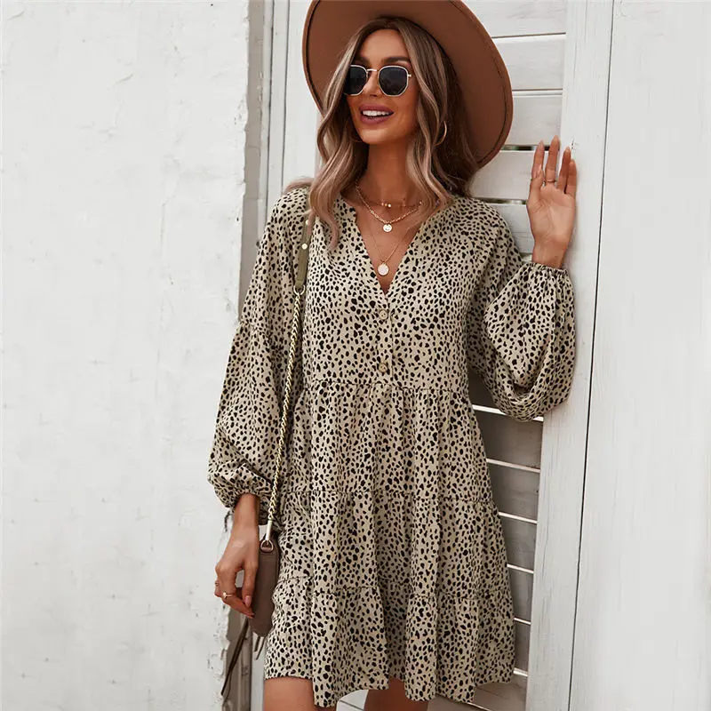 

Autumn Winter Leopard Print Dress Fow Women Casual V Neck Button Full Sleeve Dot Above Knee Mini Dresses 2021 New