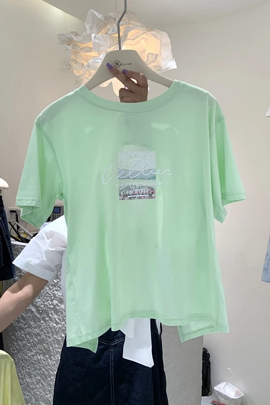 

Backless Bow Top 2021 Summer Vintage Embroidery Pattern Short Sleeve Comfortable T-shirt Clothing Women Casual Loose Pullover