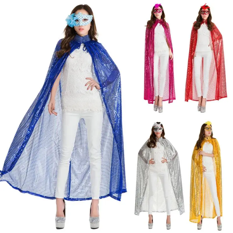 

Adult Ladies Maxi Long Paillette Cosplay Cape Halloween Christmas Party Glitter Sequins Cloak See-Through Carnivals Magic Costum