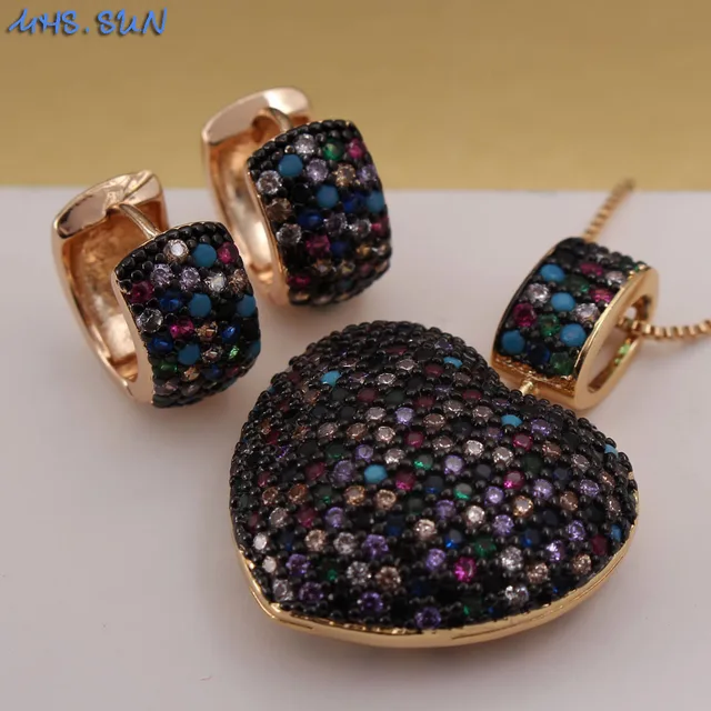 MHS.SUN New Arrival women AAA zircon heart pendant necklace fashion colorful cz crystal earrings jewelry set for female gift 2