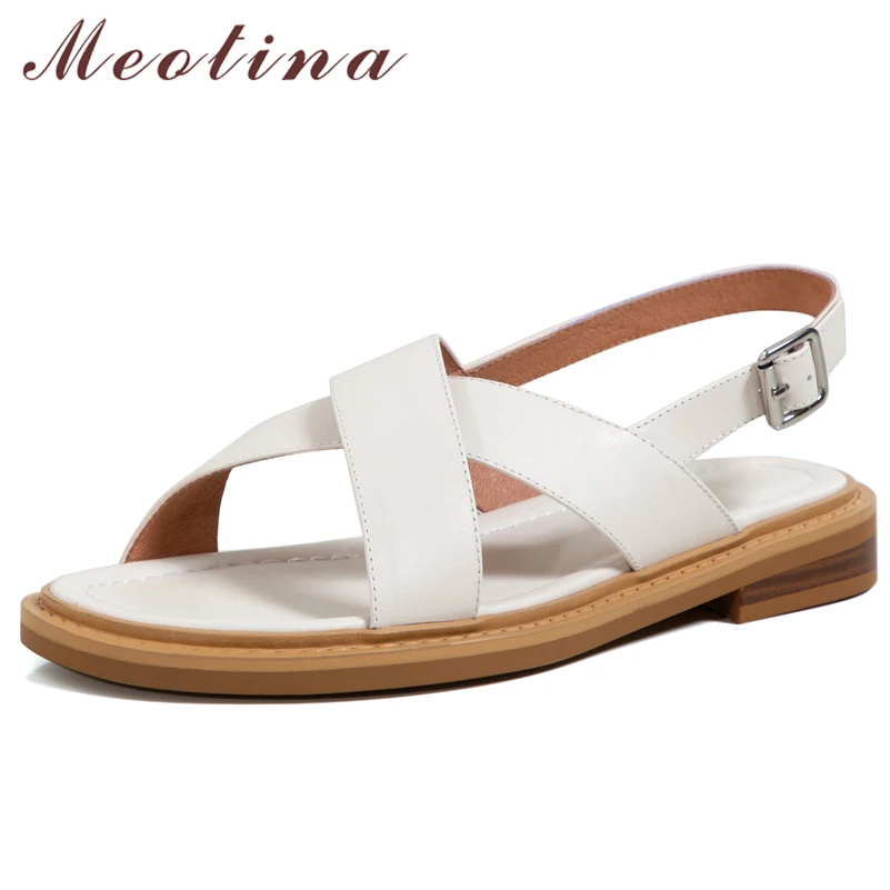 

Meotina Genuine Leather Women Sandals Round Toe Concise Flat Bukle Strap Sandals Ladies Shoes Summer Ladies Footwear Beige 40