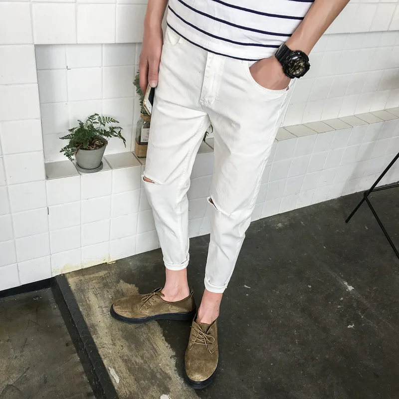 Корейский стиль 2020 модные красивые джинсы с дырками мужские Узкие повседневные