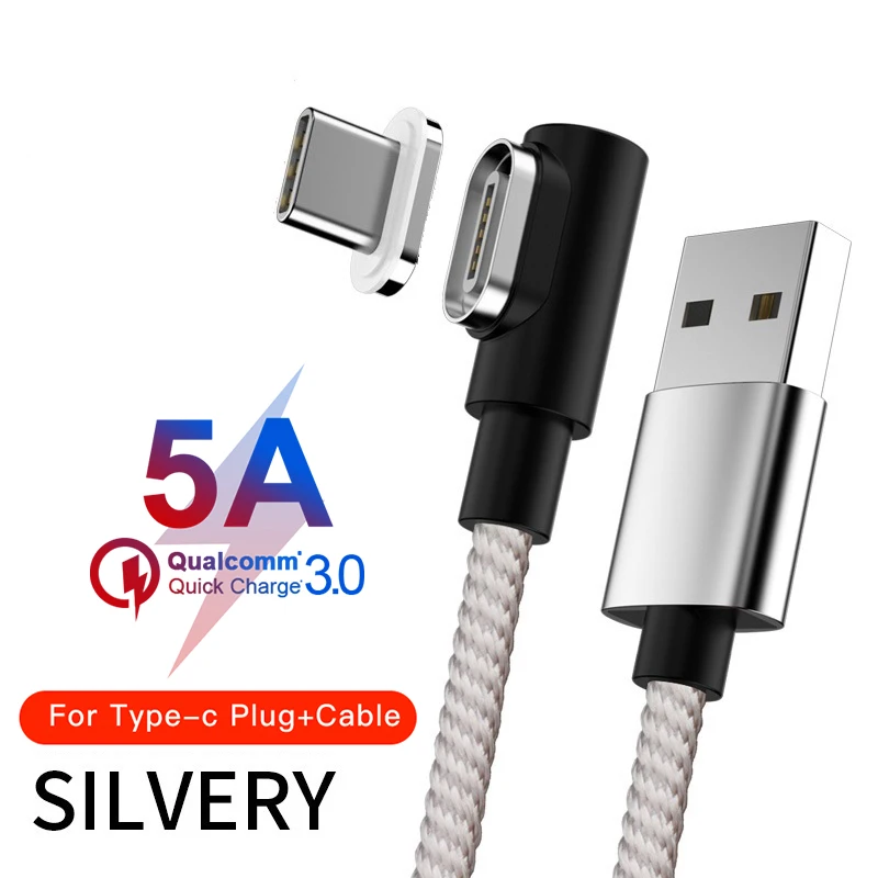 Магнитный кабель Micro USB кабель 90 DegreeType C Быстрая зарядка Кабо Для samsung S8 S9 huawei P20 P30 USB C Microusb зарядный шнур - Цвет: Silver For Type C