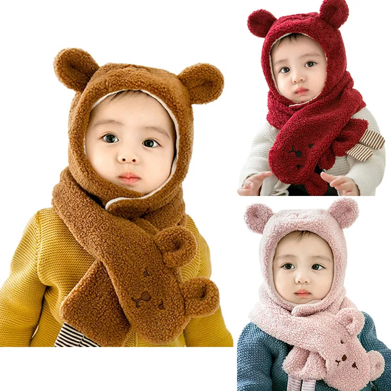 

New Baby Winter Warmer Scarf Cartoon Ear Design Hat Infant Cotton Collar Scarves Neckerchiefs Headwear Set