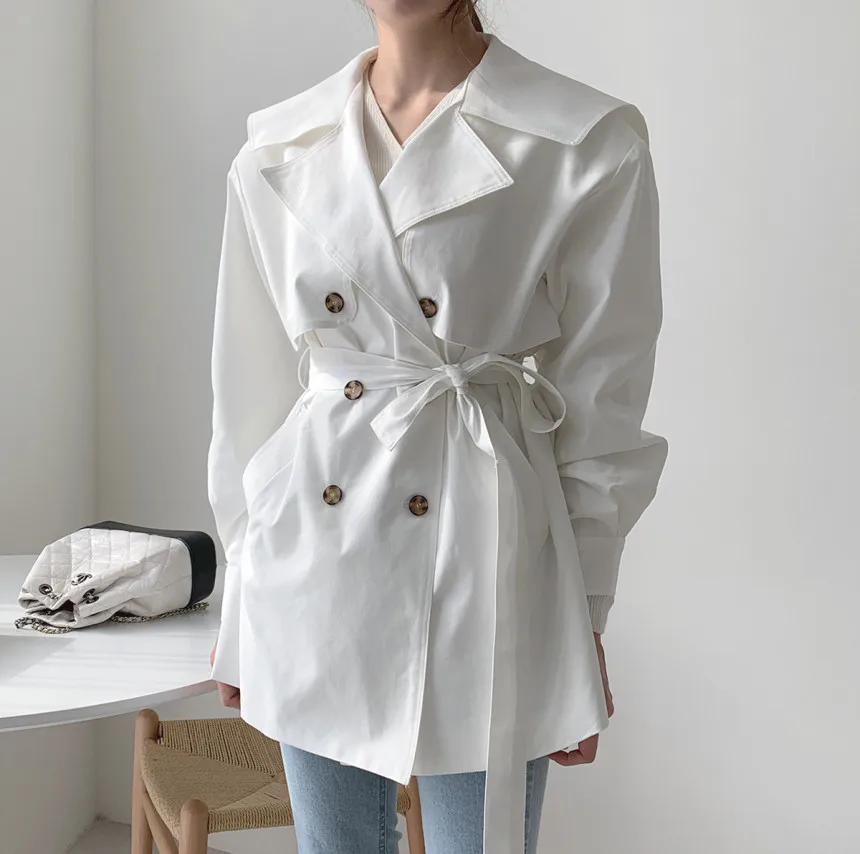 

Hzirip Minimalist Solid Double-breasted Trench Coat Elegant OL Outwear 2021 New Autumn Navy Wind Lapel Windbreaker with Belt