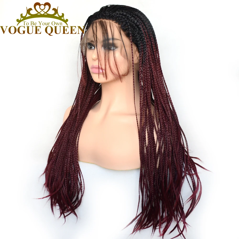 Vogue Queen Two Tone Ombre Burgundy Synthetic Braided Long Wigs Heat Resistant Fiber For Women