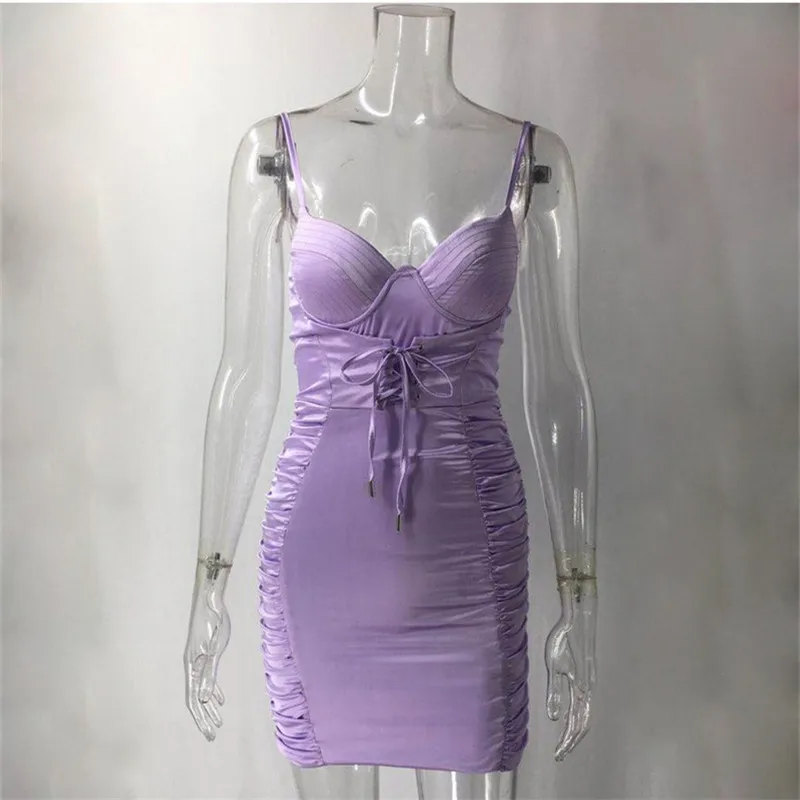 

WJFZQM Backless Spaghetti Strap Wrap Sexy Dress Pleated Ruched Short Bodycon Dress Women Summer Mini Bandage Ladies party Dress