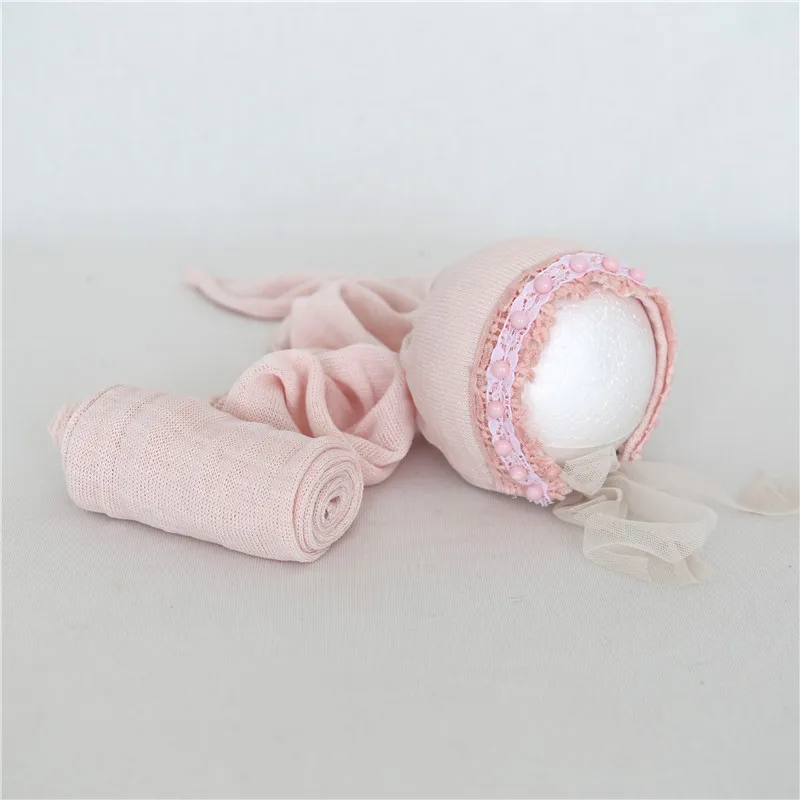 Cute Light Pink Baby Girl Hat Wrap Set Newborn Bonnet Photography Props Posing Fabric Layer Infant Sleepy Photo Gift | Мать и ребенок
