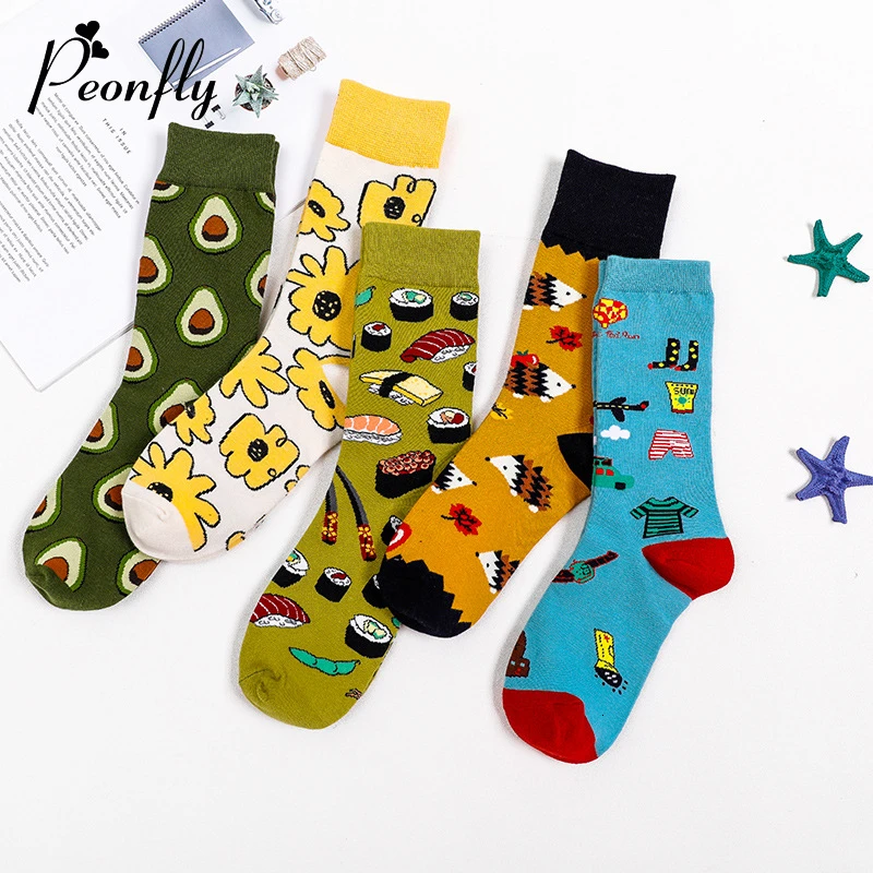 

1 пара, женские носки PEONFLY в стиле Харадзюку, новинка, кавайные носки с принтом фруктов, авокадо, суши, забавные носки с растениями