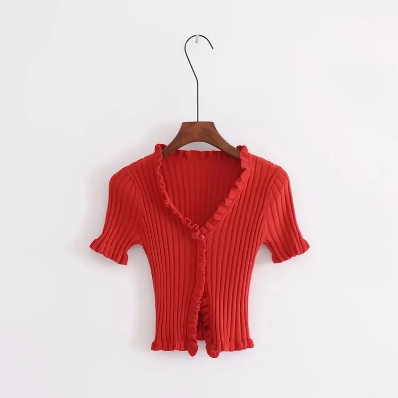 red T Shirt Women Летняя женская трикотажная рубашка Харадзюку короткий рукав с оборками, укороченный топ, сексуальная уличная одежда, Женская забавная футболка с коротким рукавом - Цвет: red T Shirt Women