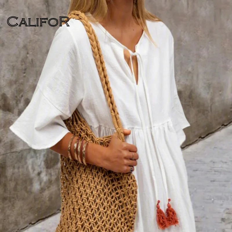 

Льняное однотонное белое платье CALIFOR в богемном стиле, лето 2021, праздничное пляжное платье, повседневное бальное платье средней длины, женск...