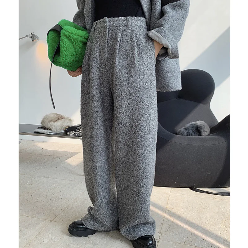 Women High Waist Wide Leg Plus Long Wool Harem Pants Ladies British Loose Trousers 2020 Streetwear Thick Winter Suit Pants