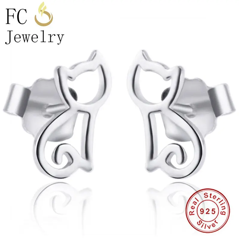 Женские серьги-гвоздики из серебра 100% пробы в виде кота | Украшения и аксессуары