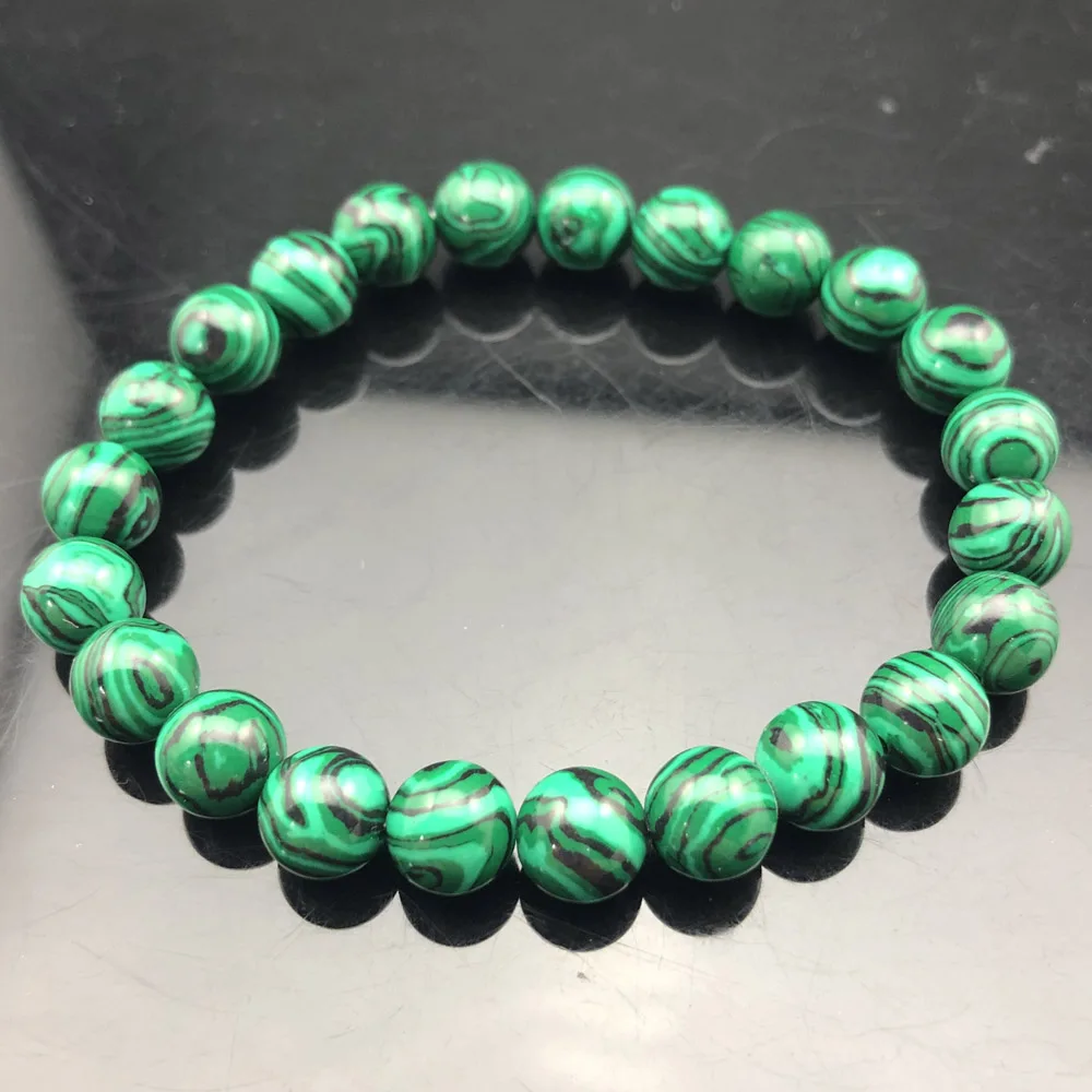 Green Malachite Натуральная чакра из бисера рок браслет для мужчин 8 мм натуральный камень Лава тигровый глаз матовый черный оникс бусины из лечебных камней очарование Йога женские ювелирные изделия - Окраска металла: Green Malachite