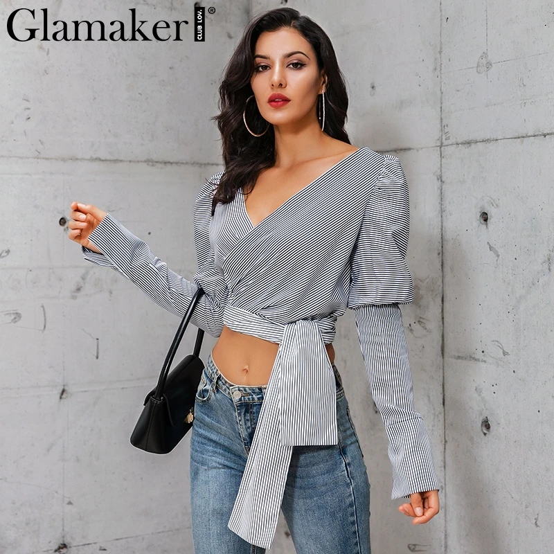 Glamaker Sexy long puff sleeve black blouse shirt Women striped belt crop top Autumn female v neck elegant blusas | Женская одежда