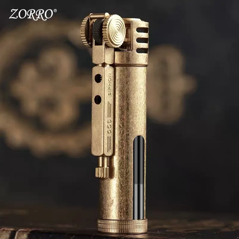 

Hot selling Zorro Transparent oil tank Retro design Metal brass trenches Kerosene Gasoline oil cigarette lighter 73*23mm 46.5g