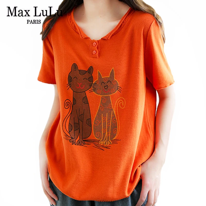 

Max LuLu British 2021 Summer Fashion Women Orange Knitted Tshirts Ladies Printed Vintage Tee Female Short Sleeve Tops Big Size