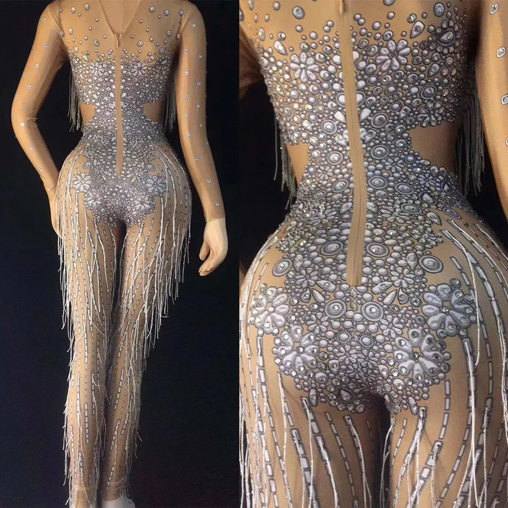 Shining Women Long Sleeve Skinny Mesh Jumpsuits Bar DS Show Stage Performance Silver Tassel Bodysuit Jazz Dance Costumes