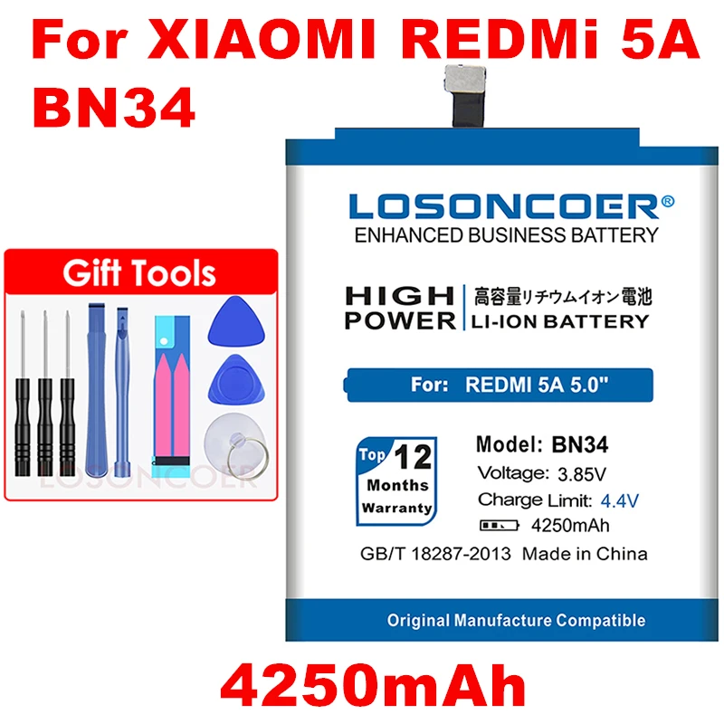 LOSONCOER 4250 мАч BN34 для Xiaomi Redmi 5A 5," 5,0 дюймов батарея+ номер отслеживания