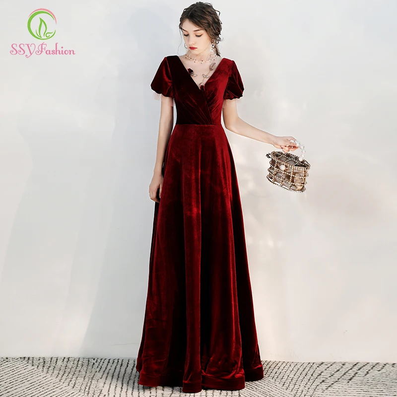 SSYFashion зима новый банкет Элегантный бордовый вечернее платье дворца Винтаж