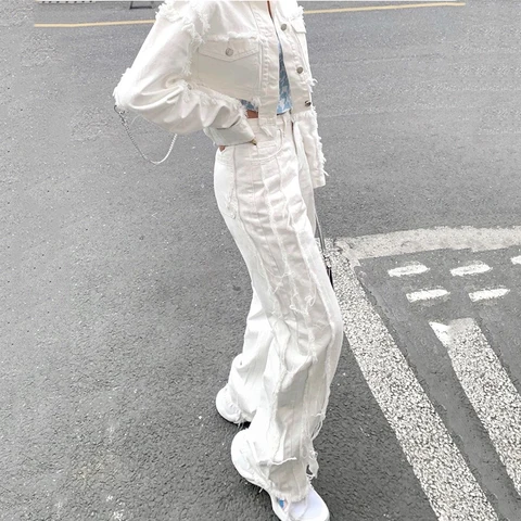 White Jeans Women Denim Boyfriend Trousers Simple Loose Fashion Full Length Daily Vintage Ulzzang Leisure Teens Straight Design