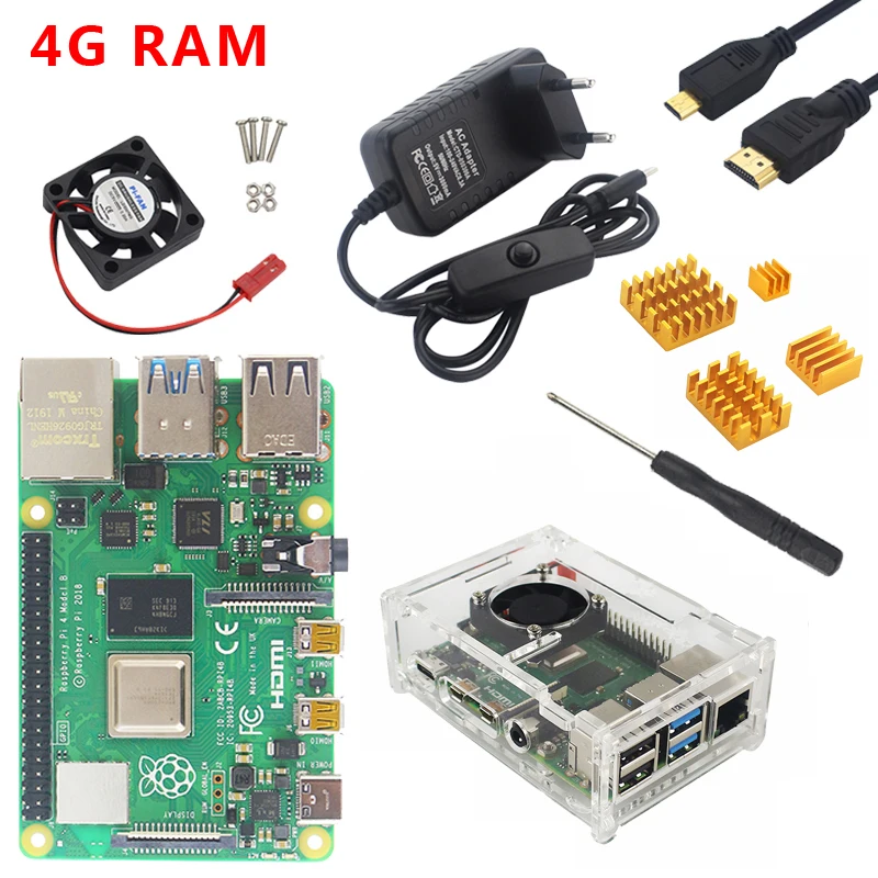 4G RAM Raspberry Pi 4 Модель B плата 1 г 2 г 4 г ОЗУ 2,4 г и 5 г WiFi Bluetooth 5,0 с Чехол блок питания теплоотвод для Raspberry Pi 4 Модель B - Комплект: 4G RAM
