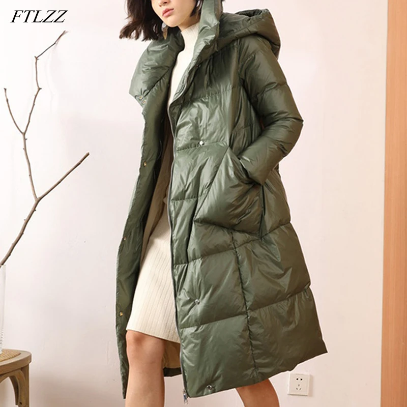 

FTLZZ 2022 зимняя высококачественная пуховая куртка с капюшоном, женская теплая Толстая парка, куртка 90% белого утиного пуха, верхняя одежда