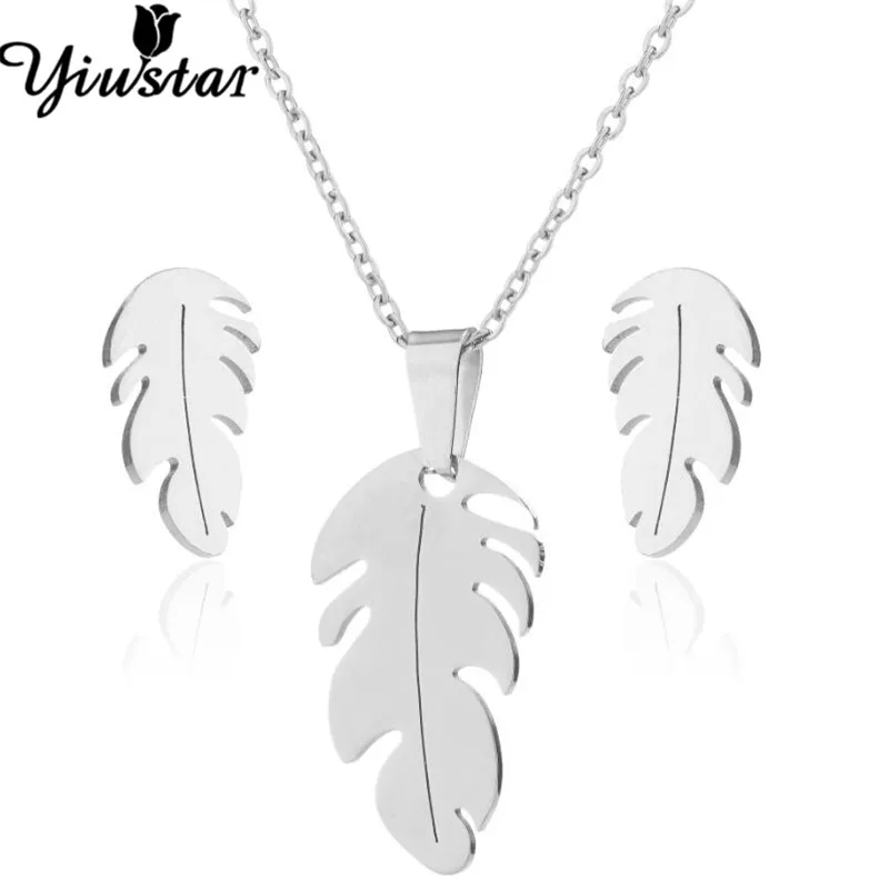 Yiustar Gold Trendy Feather Necklace Leaf Jewelry Sets for Women Stainless Steel Statement Earrings Girls Earing Bijoux | Украшения и