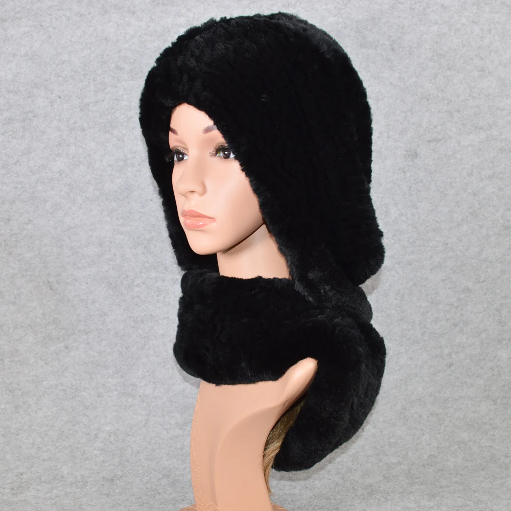 Женская зимняя вязаная шапка шарф из натурального меха кролика Рекс брендовая