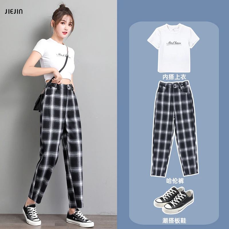 

Vintage black white Plaid Japanese Harajuku Pants Women Casual Drawstring Ankle Loose Cotton Harem Pants xxl Elastic Waist Muje