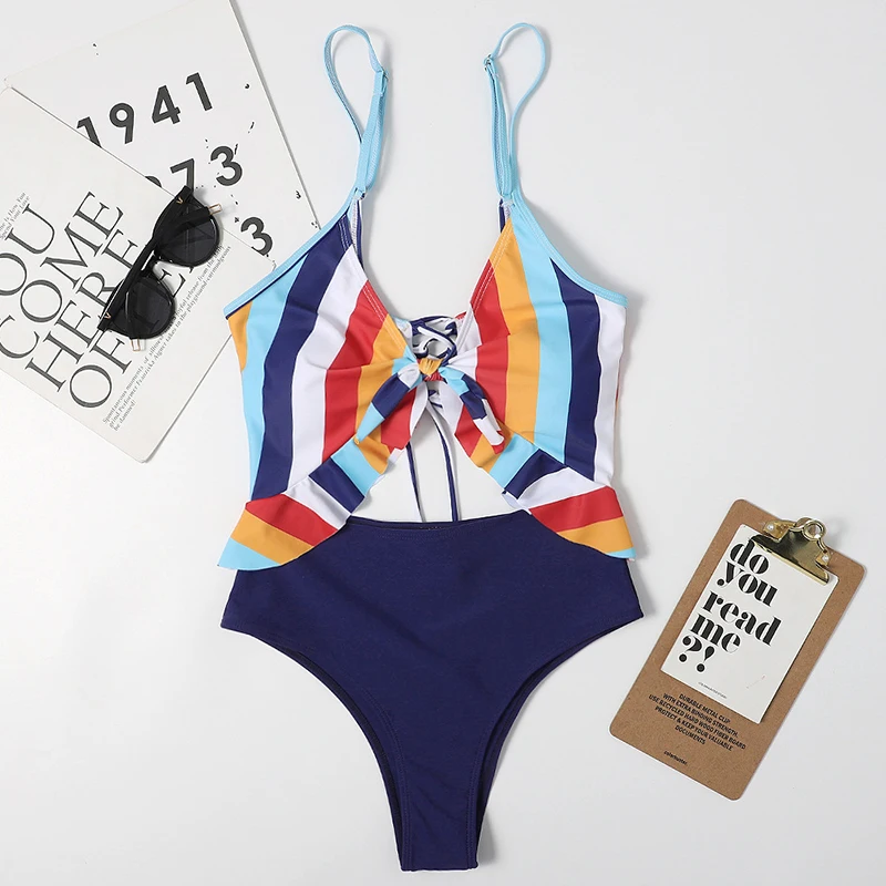 

One Piece Ruffle Stripe Printed Bikini Women's Swimsuits Women's Swimwear 2021 Swimsuit One Piece Sexy Bikinis Set Swimwears