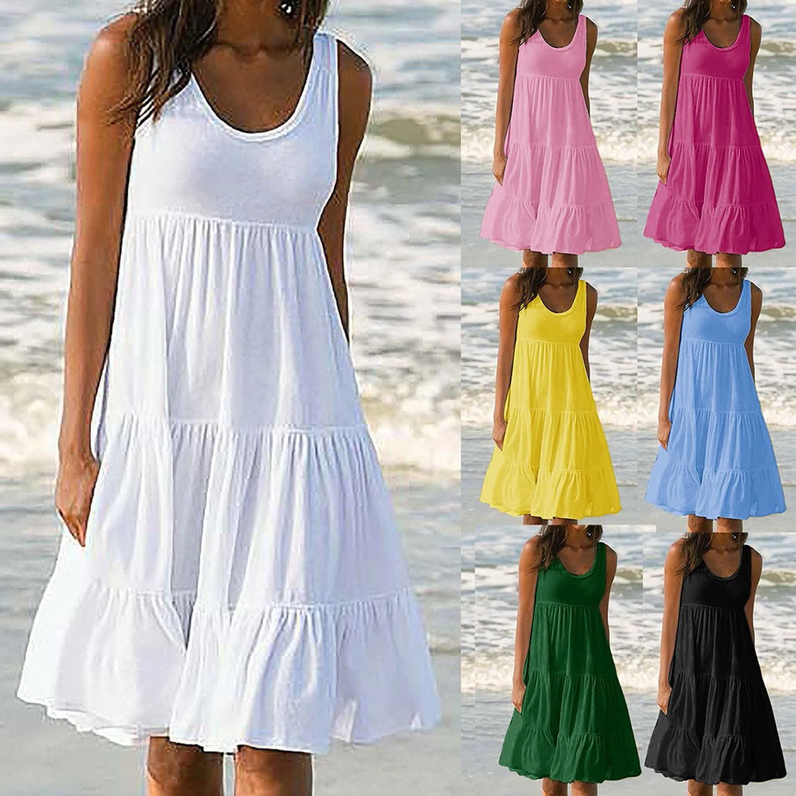 

New Dresses for Women Sleeveless Round Neck Solid Color Splicing Big Swing Beach Dress