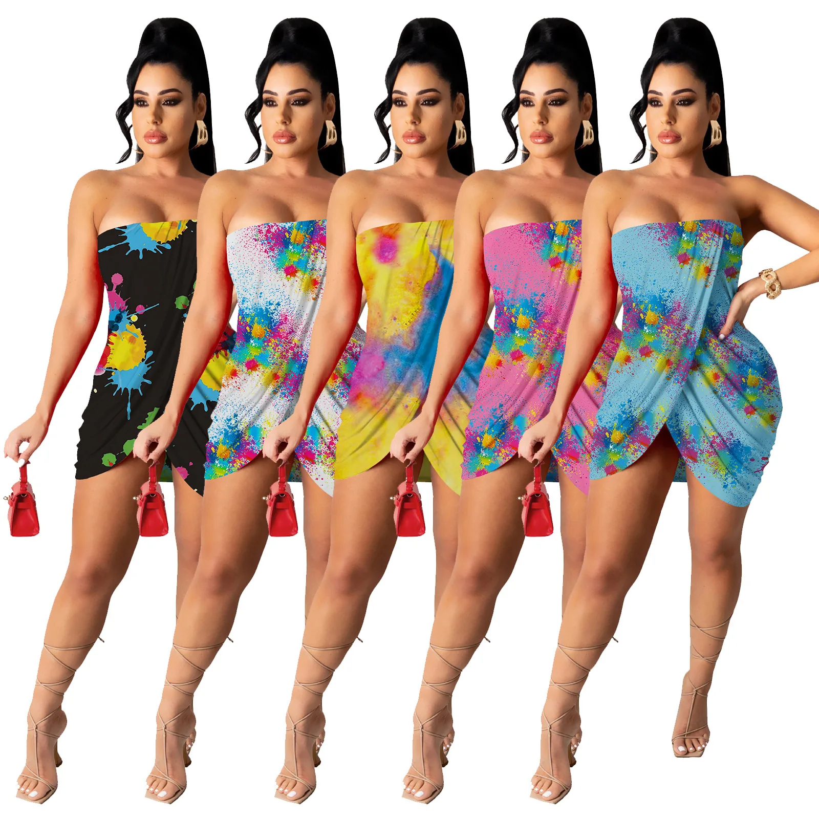 

2021 Summer New Style Women's Fashion Sexy Tube Top Print Mid Skirt Temperament Commuter Multicolor Dress