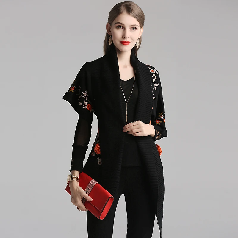 

2021 Top Quality Autumn Fashion Sweater Cardigans Women Luxurious Embroidery Knitting Casual Green Black Wool Cardigans 4XL 5XL