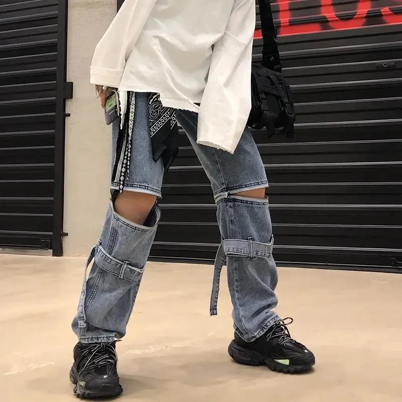 

High Street Zipper Binding Jeans Women's Spring 2021 New High Waist Straight Loose Pocket Denim Cargo Pants Strappy jeans