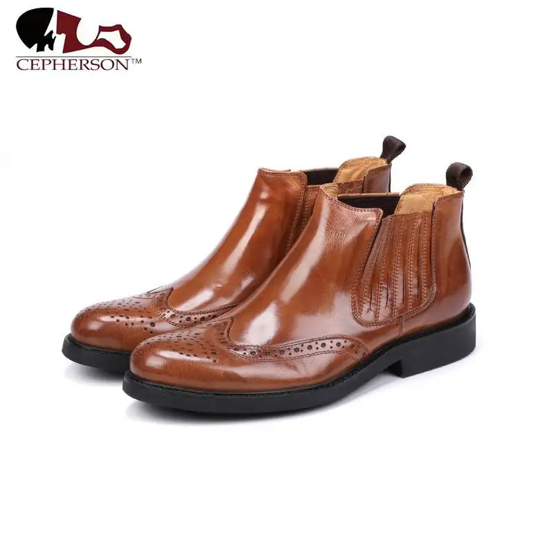 

England Trendy Business Dress Men Boots Genuine Leather Chelsea Ankle Boots Mens Round Toe Brogue Carving High Top Wedding Shoes