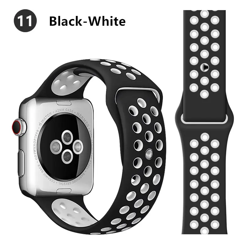 black white 11 Ремешок для apple watch band 44 мм 40 мм apple watch 5 4 3 2 iwatch band 42 мм 38 мм спортивный силиконовый браслет correa аксессуары для часов - Цвет ремешка: black white 11