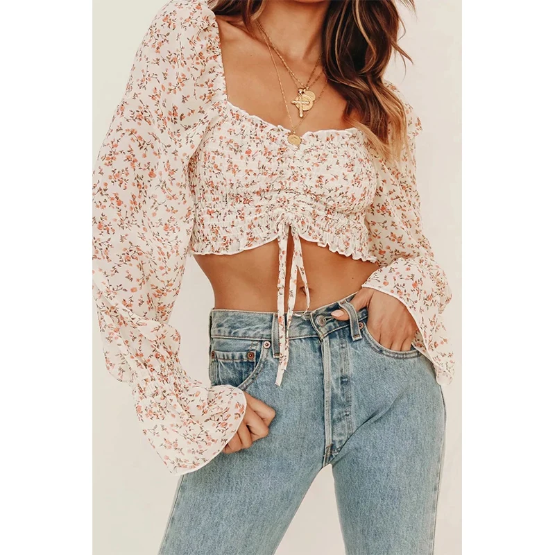 Женская шифоновая рубашка с цветочным принтом DAYIFUN короткая длинным рукавом T-038 |