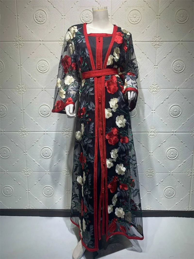 Мусульманская Мода всего тела и вышитой кружевной сетки Абая комплект Дубайский