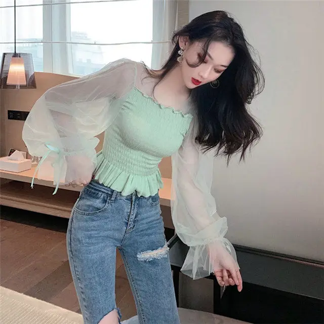 

Autumn and Winter New Korean Style Temperament Square Neck Versatile Stitched Mesh Sweater Waist Closing Slim Short Top