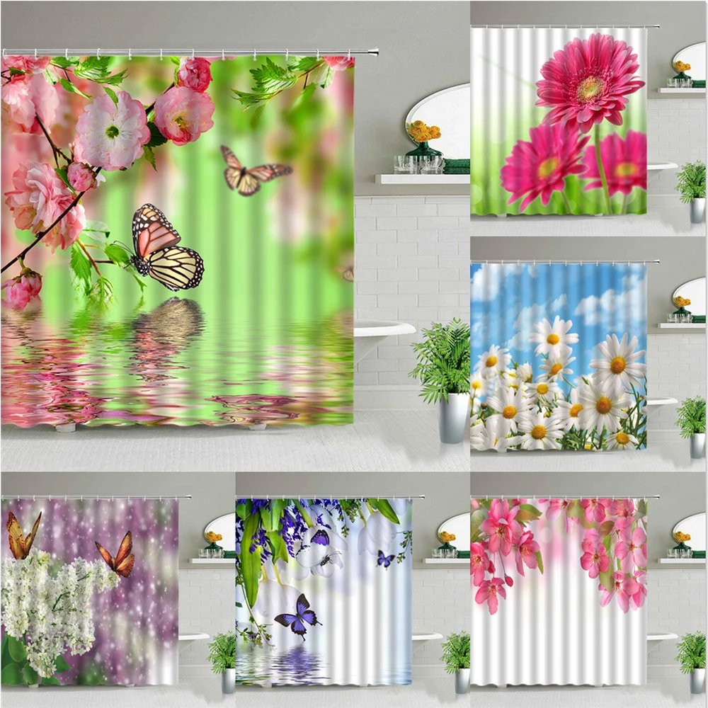 

Beautiful Flower Butterfly Shower Curtains Flowers Plant Waterproof Bathroom Decor Bath Curtain Set Polyester Fabric With Hooks