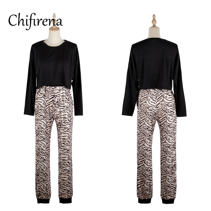 

Chifirena 2021 Autumn Women's tracksuit Workout Long Sleeve T Shirt and Leopard Pants Two Piece Set Sportwear Slim Homewear Suit