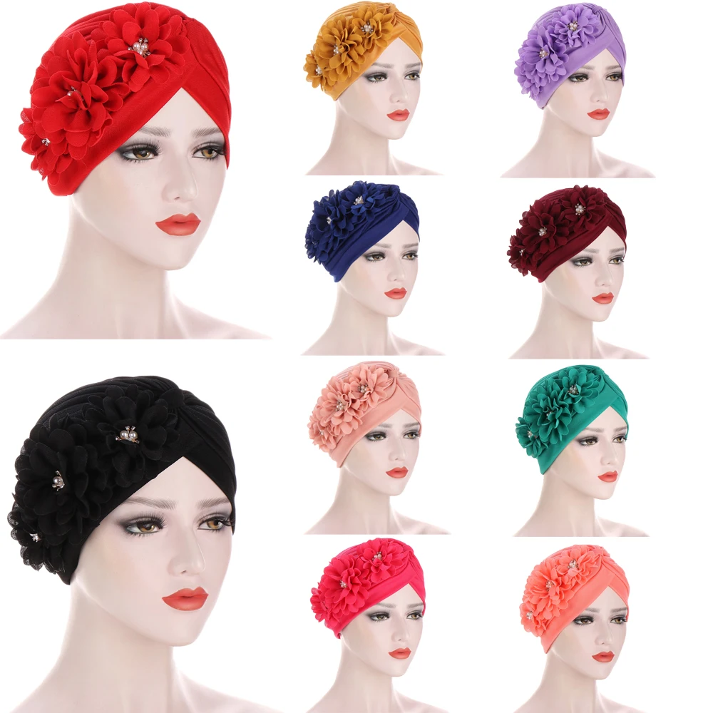 

Fashion Women Diamonds Flower Turban Cap Soild Color Muslim Headscarf Bonnet Inner Hijabs Arab Head Wraps Indian Hat Beads Hijab