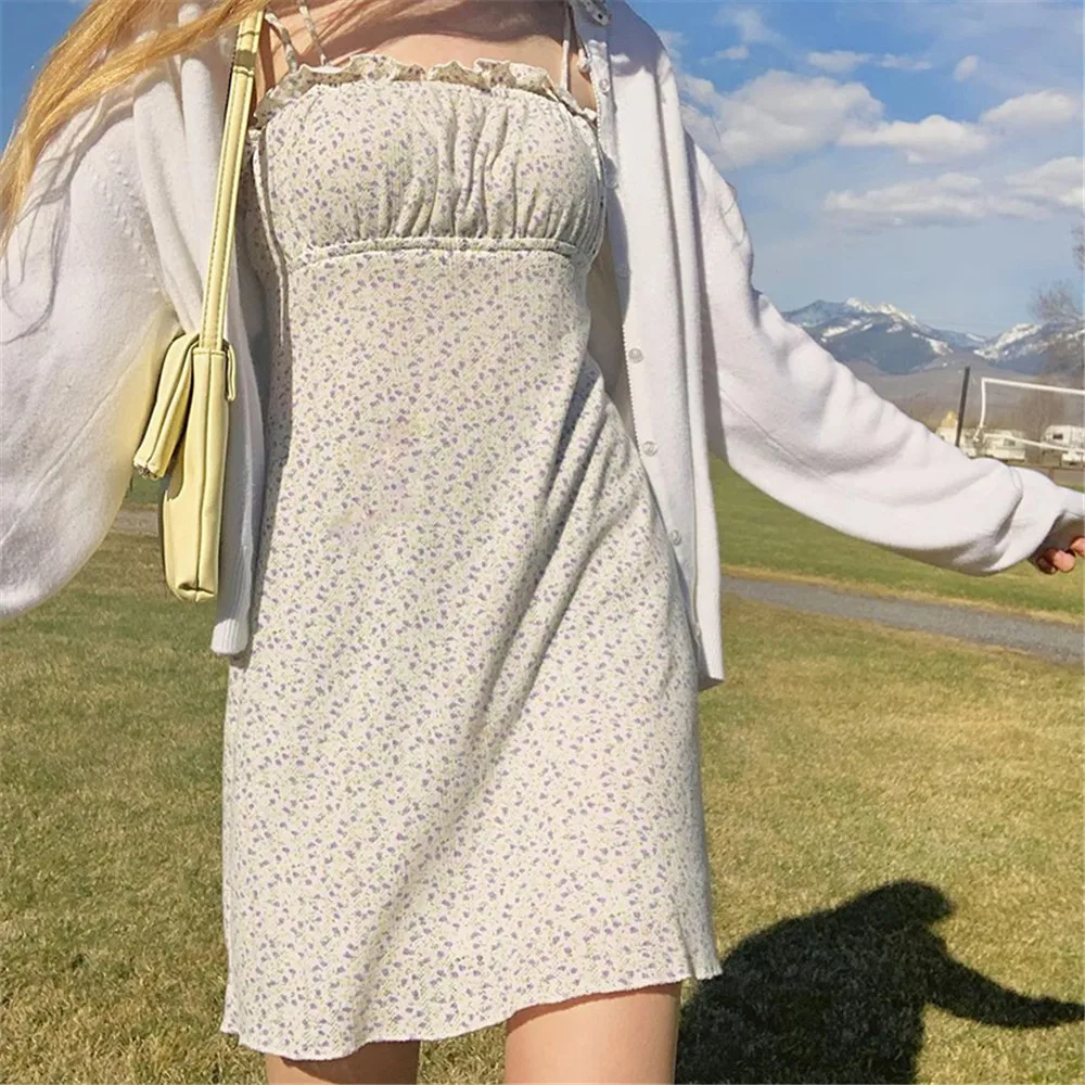 

New Summer Women Elegant Floral Loose A-Line Tube Top Dress Kawaii Sleeveless Lace-Up Spaghetti Strap Ruffle Mini Dress