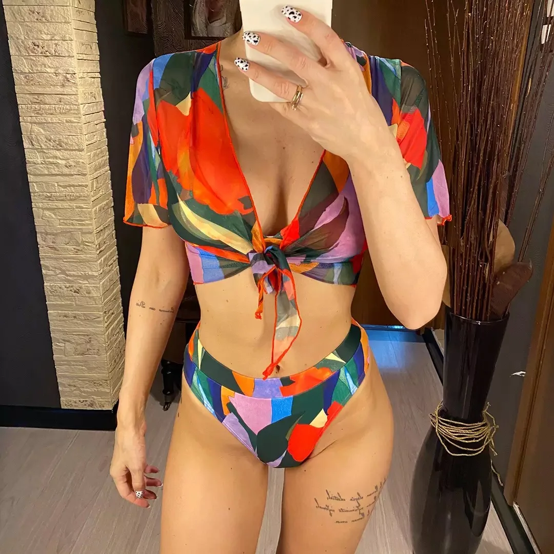 

V-Neck High-Waist Bikini Sets Swimsuit Women Sexy Colorful Print Three-Pieces Swimwear 2021 New Beach Bathing Suits BKN980