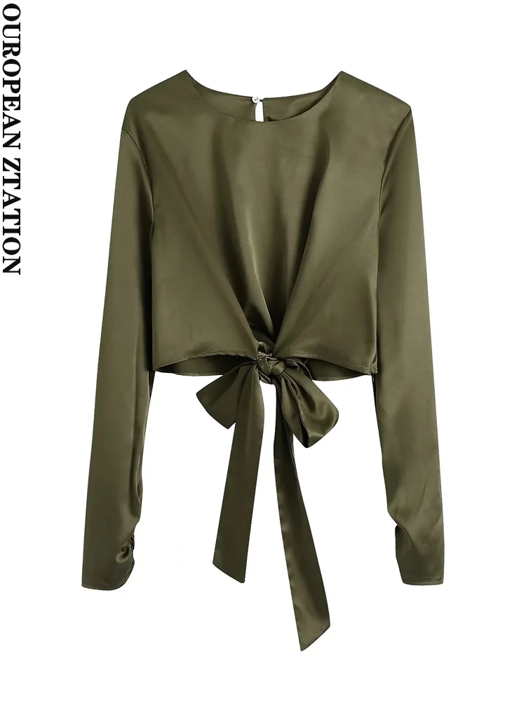 

Блузка Женская атласная с круглым вырезом, длинным рукавом и бантом