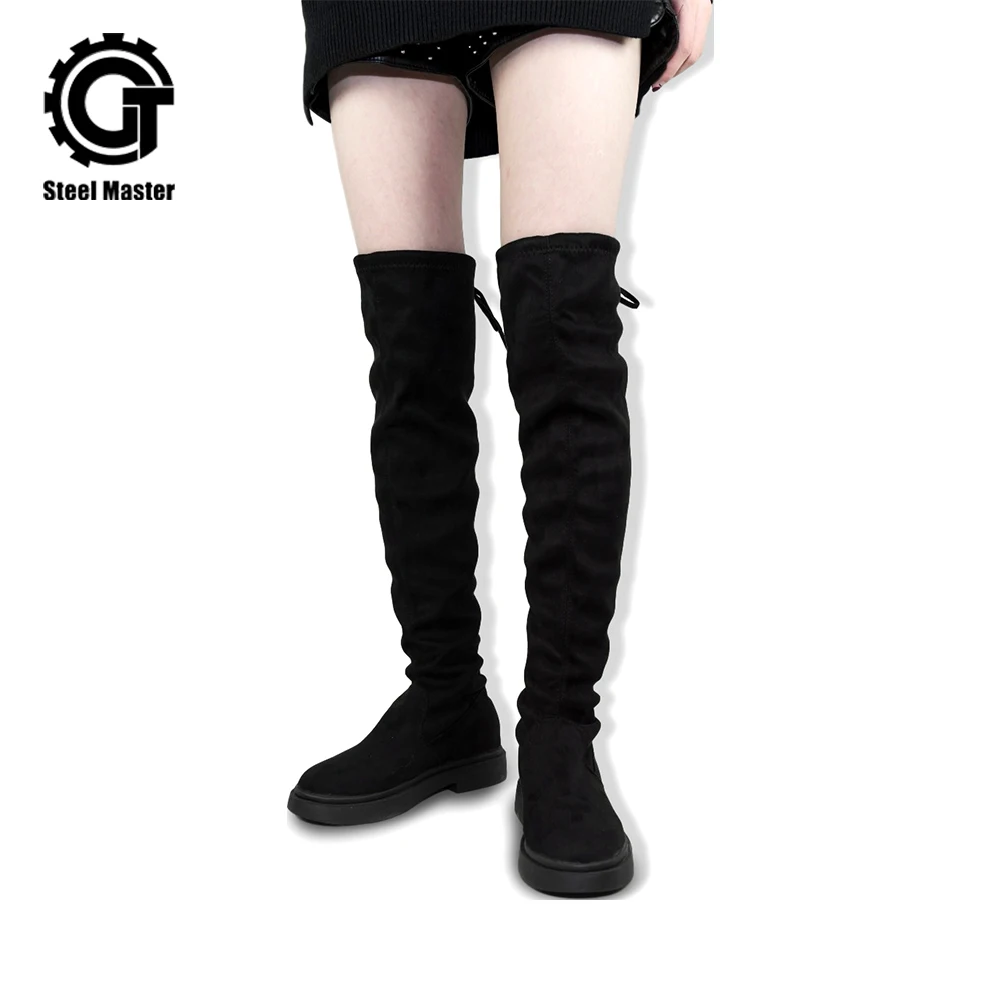 

Punk Over-the-Knee Boots Autumn New Boots Women Flat Elastic Boots Was Thin Tall Black Waist Thin Boots